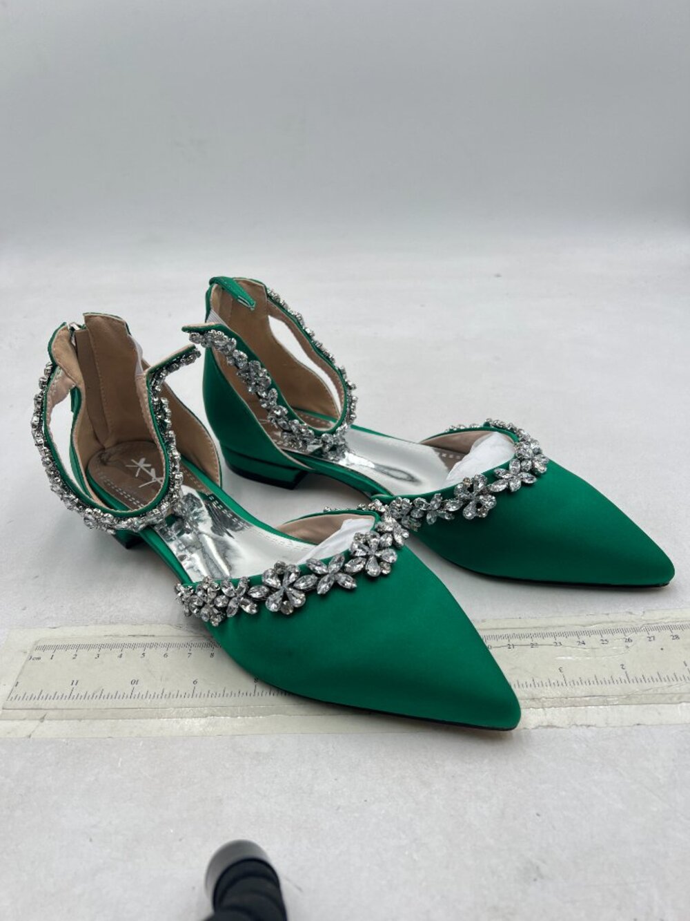 XYD Dark Green Pointed Toe Wedding Sandals Sparkly Rhinestones Ankle Strap Shoes - Picture 5 of 9